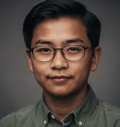 Portrait of a young man with short black hair, wearing glasses and a green button-up shirt, against a dark grey background.