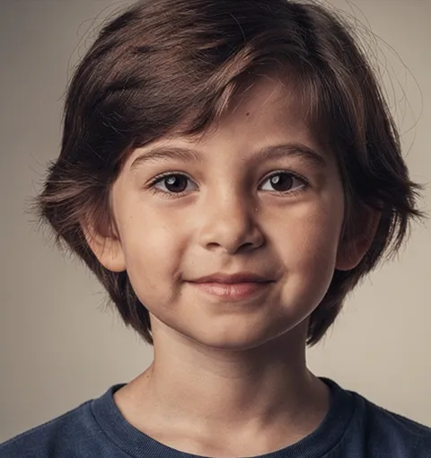 Portrait of a young boy with medium-length brown hair and brown eyes smiling slightly against a neutral background.
