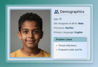 Portrait of an 11-year-old boy with dark hair wearing a yellow shirt, alongside demographic details including sex assigned at birth as male, pronouns he/him, primary language English, and listed problems of throat infections and frequent colds and flu.