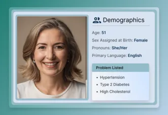 Profile card showing a smiling middle-aged woman with demographics including age 51, female sex assigned at birth, she/her pronouns, English language, and listed health problems of hypertension, type 2 diabetes, and high cholesterol.