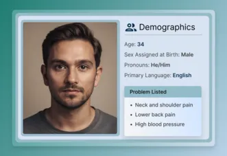 Profile of a young man with dark hair and facial hair, alongside demographic details and a list of health problems including neck and shoulder pain, lower back pain, and high blood pressure.