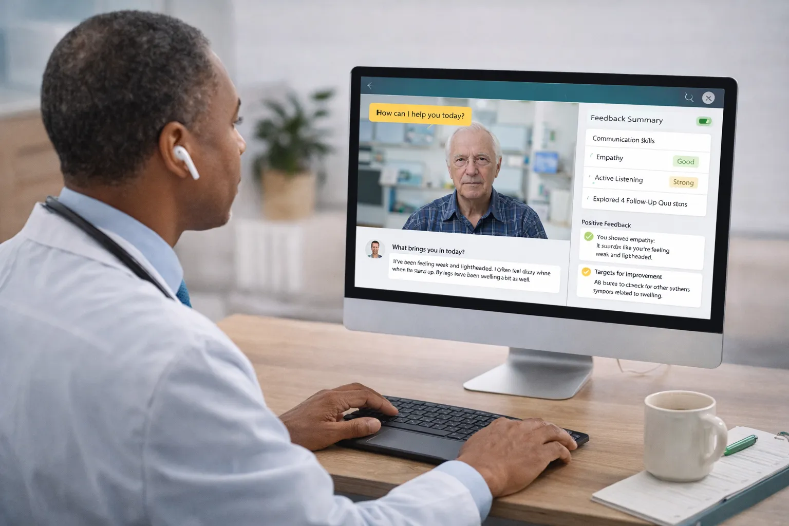 Doctor in white coat wearing earbuds conducting a virtual consultation with an elderly man on a computer screen displaying patient symptoms and feedback summary.