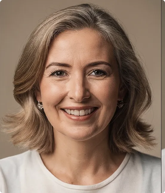 Smiling middle-aged woman with short wavy blonde hair wearing a white top and earrings against a plain beige background.