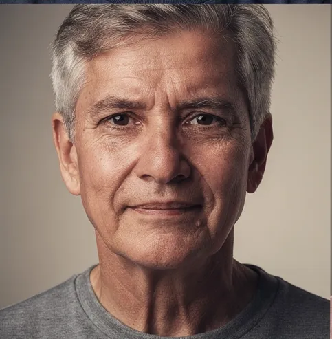 Close-up portrait of an elderly man with gray hair and a neutral expression wearing a gray shirt against a plain background.
