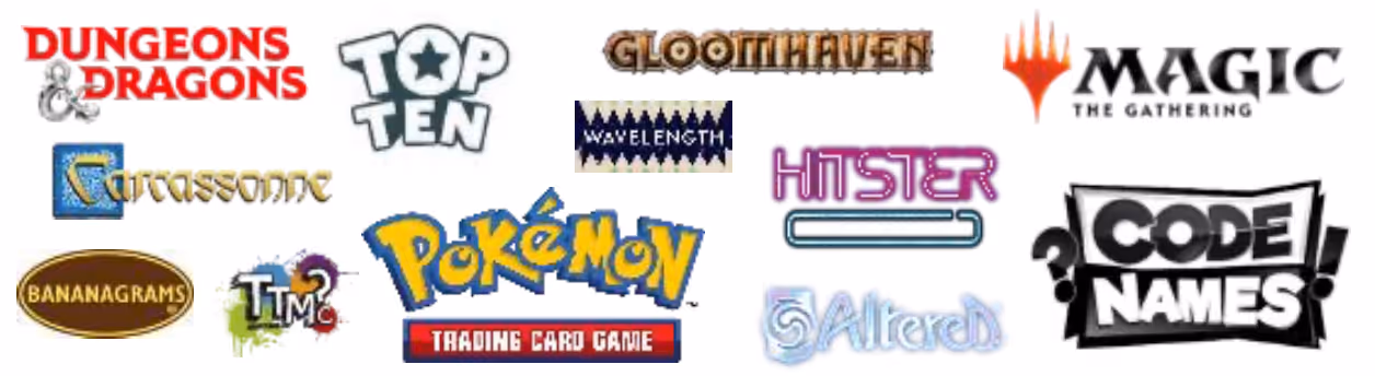 Grid of board game distribution partner logos including Dungeons and Dragons, Pokemon Trading Card Game, Magic The Gathering, and Codenames