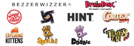 Collection of Asmodee game brand logos including Exploding Kittens, Dobble, Spot it, BrainBox, Jungle Speed, and Time's Up