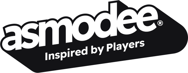 Asmodee registered logo with tagline Inspired by Players on a black rounded background