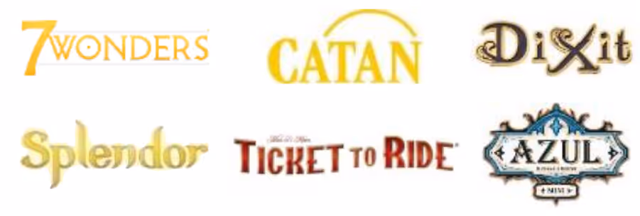 Six Asmodee game title logos including 7 Wonders, CATAN, Dixit, Splendor, Ticket to Ride, and Azul arranged in two rows