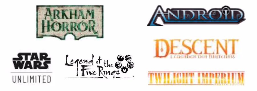Logos of Asmodee game titles including Arkham Horror, Android, Star Wars Unlimited, Legend of the Five Rings, Descent, and Twilight Imperium