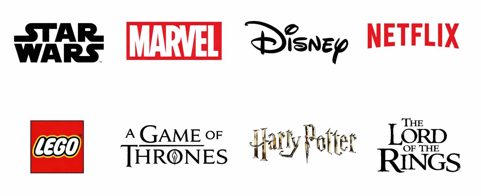 Grid of entertainment brand logos including Star Wars, Marvel, Disney, Netflix, LEGO, Game of Thrones, Harry Potter, and Lord of the Rings