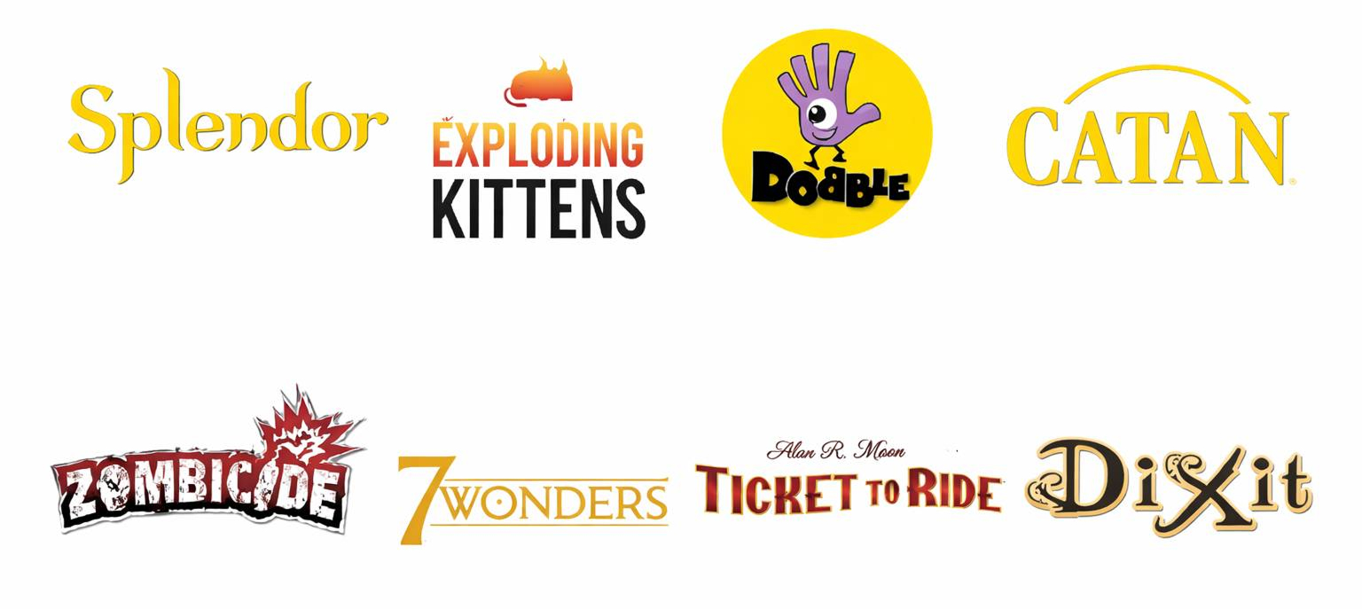 Asmodee game logos including Splendor, Exploding Kittens, Dobble, CATAN, Zombicide, 7 Wonders, Ticket to Ride, and Dixit