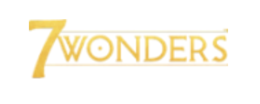 7 Wonders board game logo in gold lettering on a white background