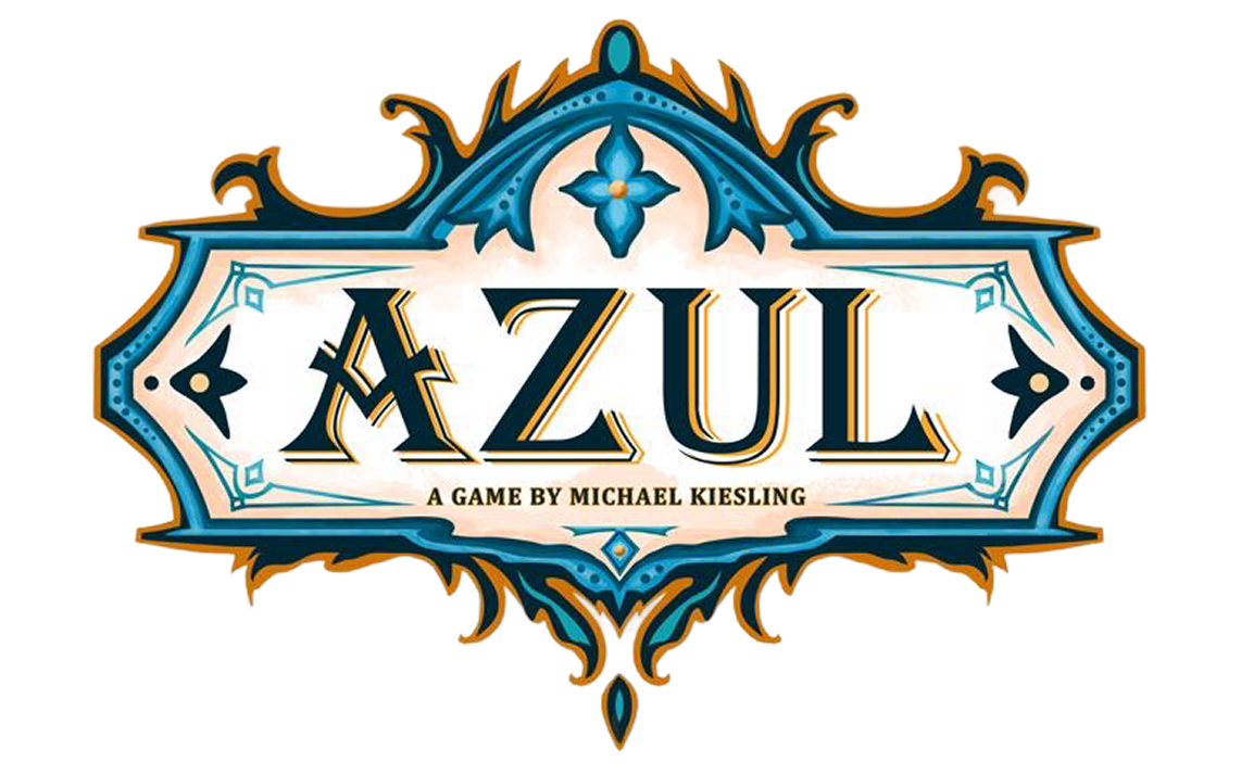 Azul board game logo with ornate blue and gold decorative border, designed by Michael Kiesling