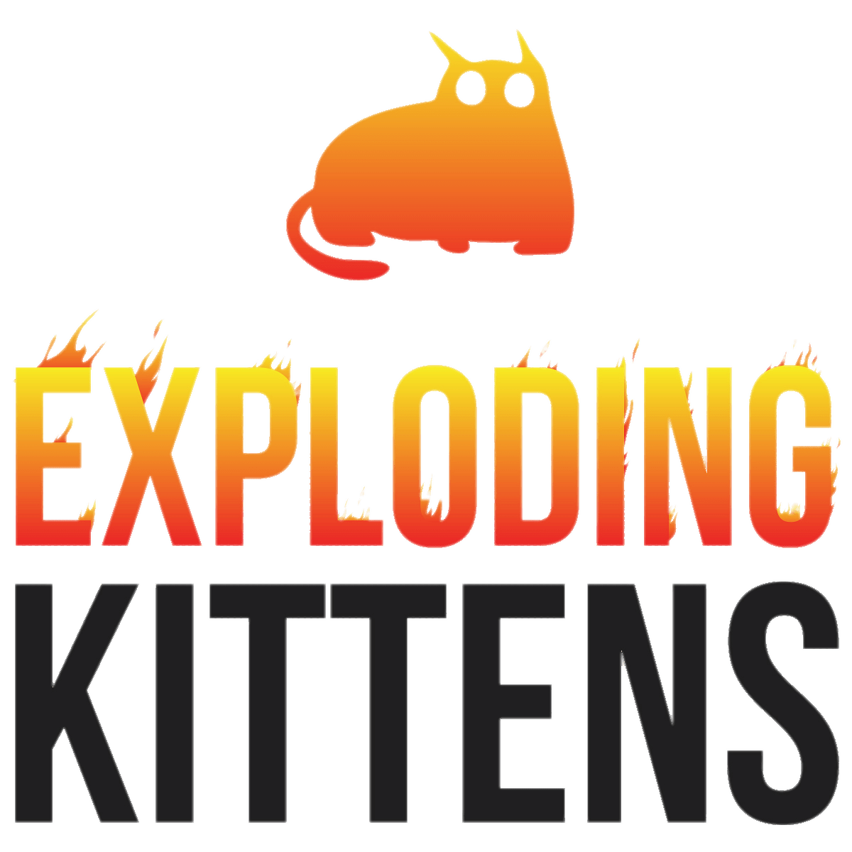 Exploding Kittens logo featuring a cartoon orange cat above bold flaming yellow and black lettering