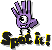 Spot It! game logo featuring the purple one-eyed cartoon mascot above bold black and yellow lettering