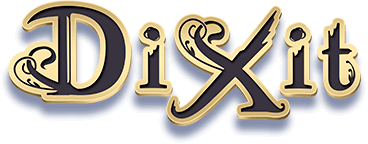 Dixit board game logo in ornate gold and dark navy lettering with decorative flourishes