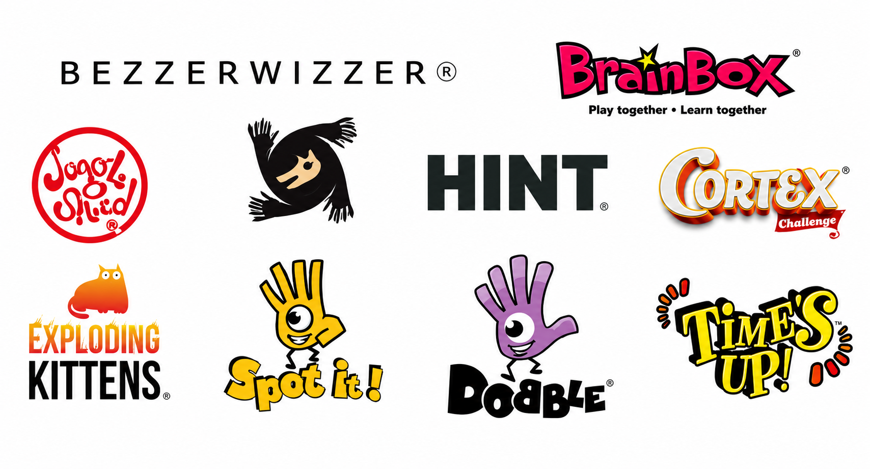 Logos of Asmodee social games including Exploding Kittens, Dobble, Spot it, BrainBox, and Bezzerwizzer arranged in a grid