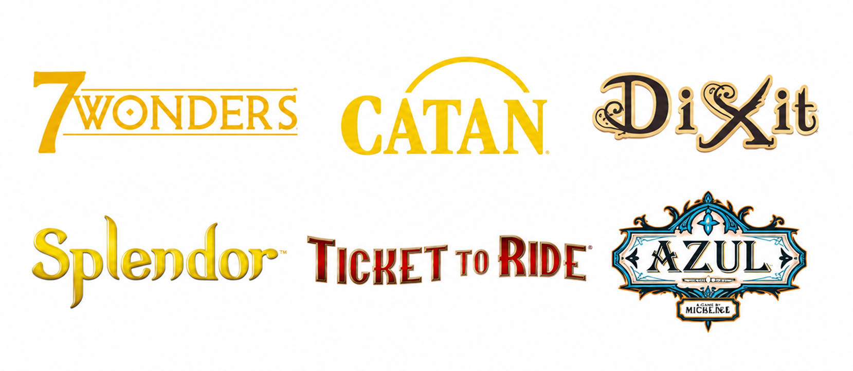 Logos of six Asmodee board games including CATAN, Ticket to Ride, Azul, Dixit, Splendor, and 7 Wonders
