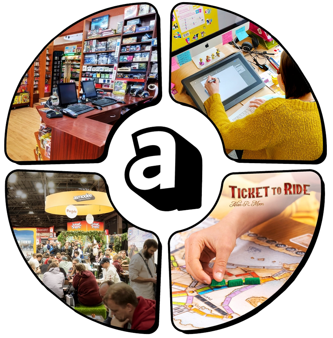 Asmodee logo surrounded by four scenes: a game store, a designer sketching, an event booth, and a hand placing Ticket to Ride pieces