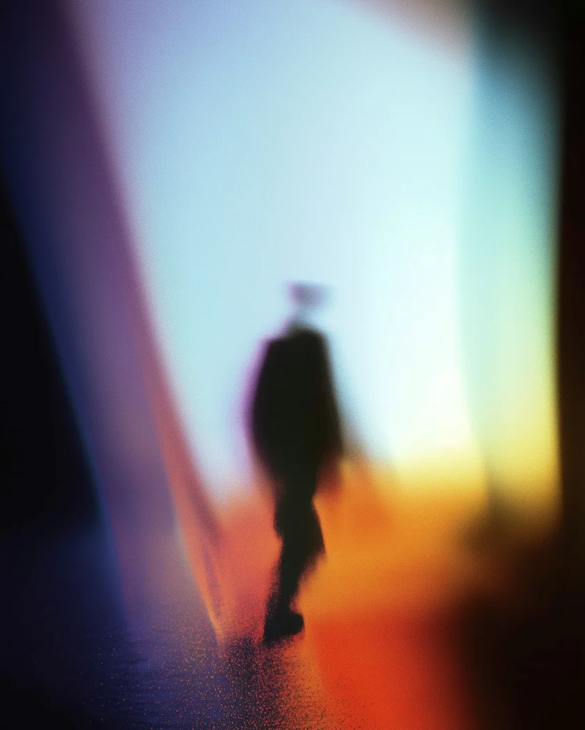 Blurred silhouette of a person walking against a colorful gradient background of blue, orange, and yellow hues.