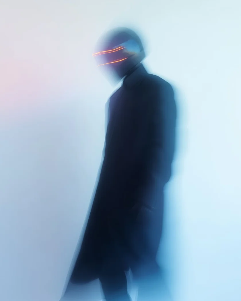 Blurred figure wearing a dark coat and a futuristic helmet with glowing orange horizontal lines on a light background.