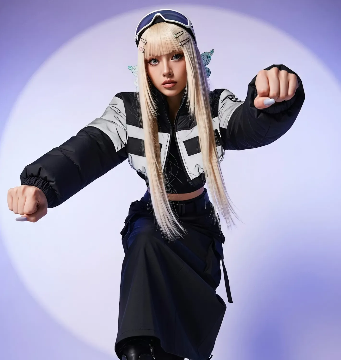 Blurred close-up of a person wearing large black goggles and white clothing.