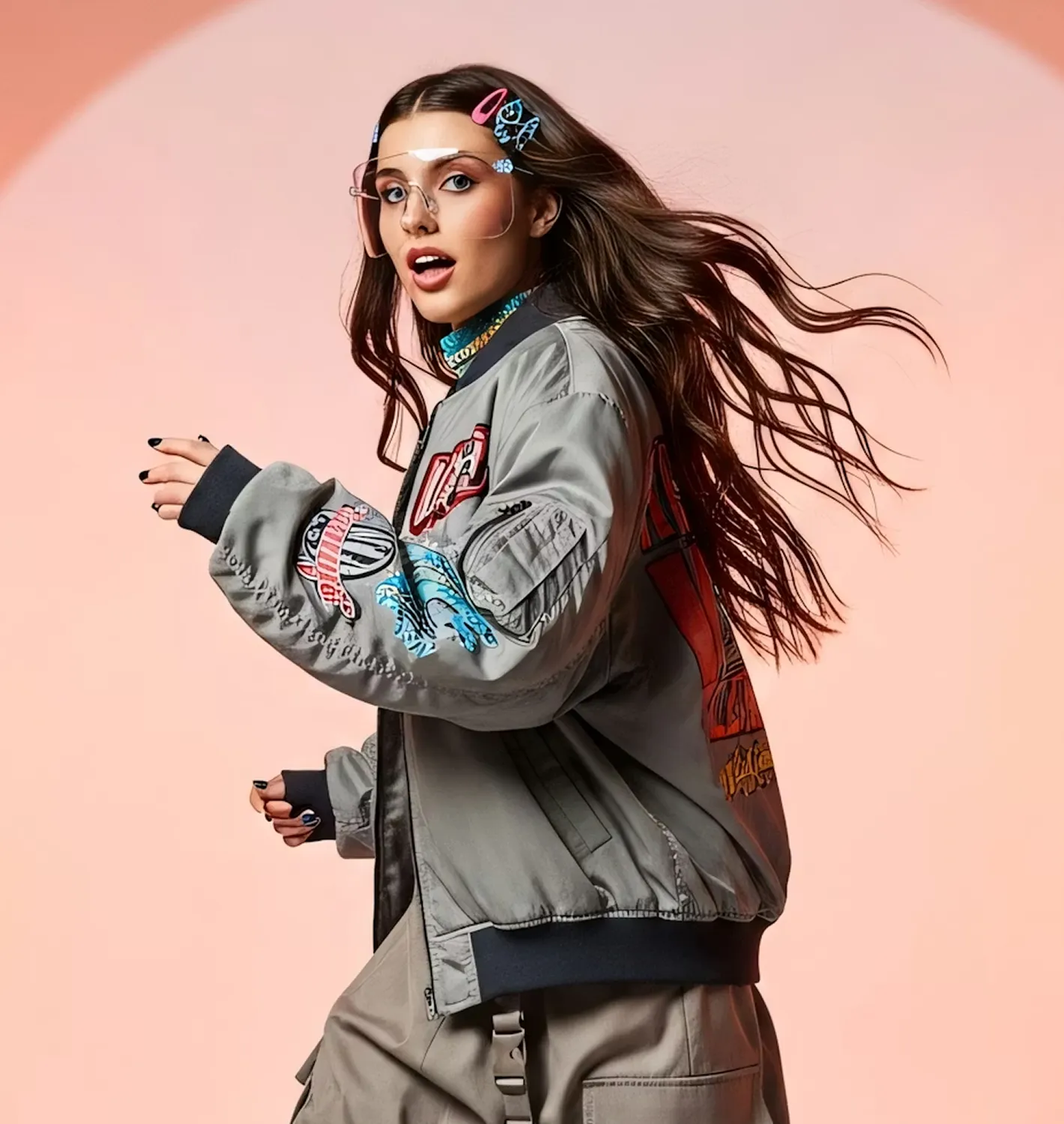 Person wearing white ski goggles and a green face covering, shown in motion blur.