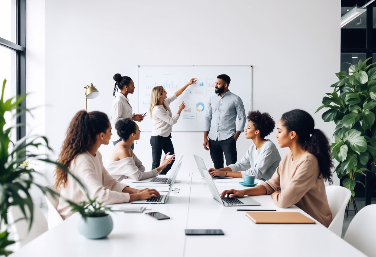 busy office with team collaborating (for a fintech company)