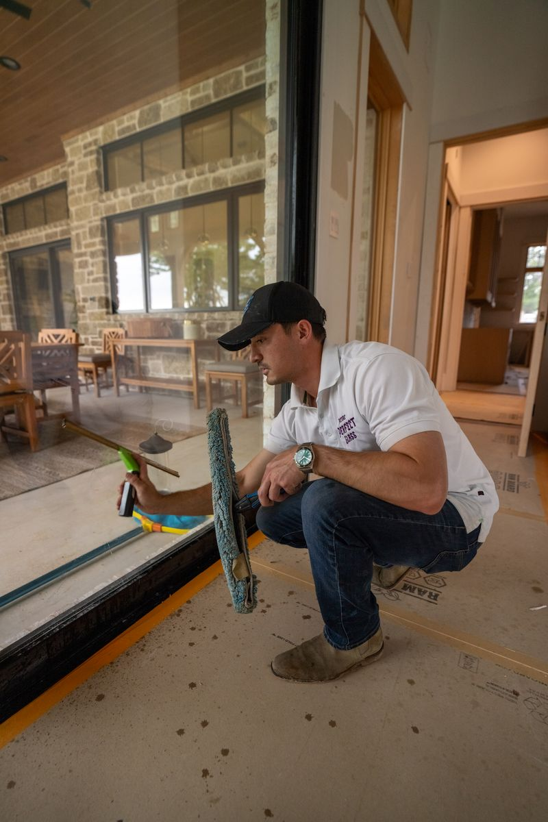 Technician removing construction debris and adhesive from a new window frame