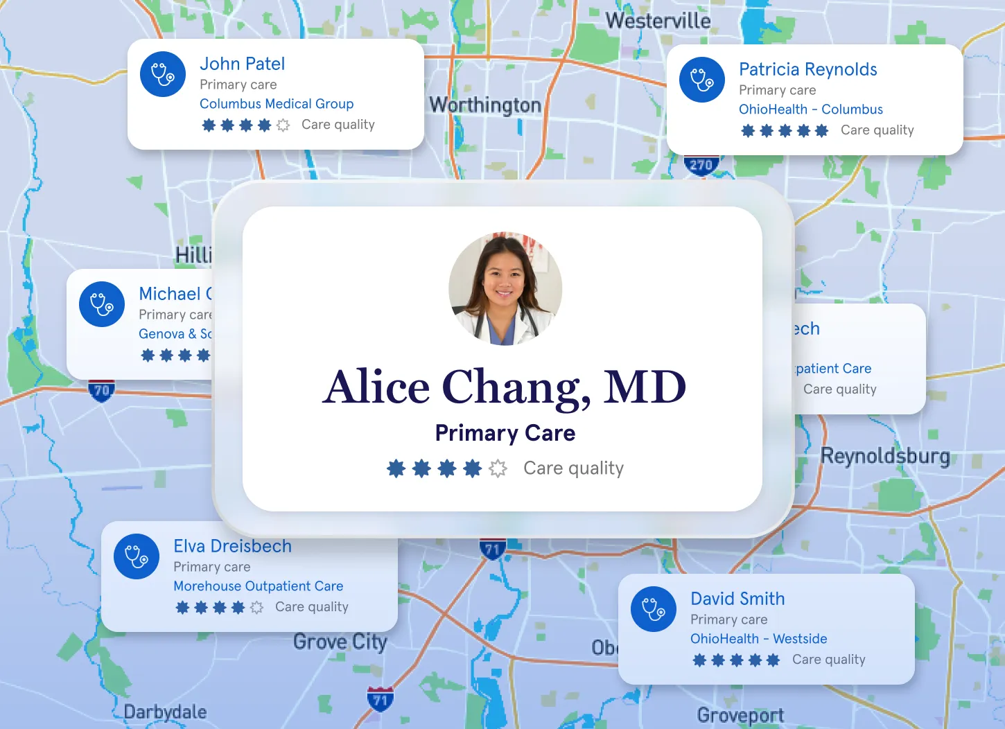 Map showing primary care physicians with cards highlighting Alice Chang, MD and others including John Patel, Patricia Reynolds, Michael G, Elva Dreisbech, and David Smith, with care quality ratings and medical group affiliations.