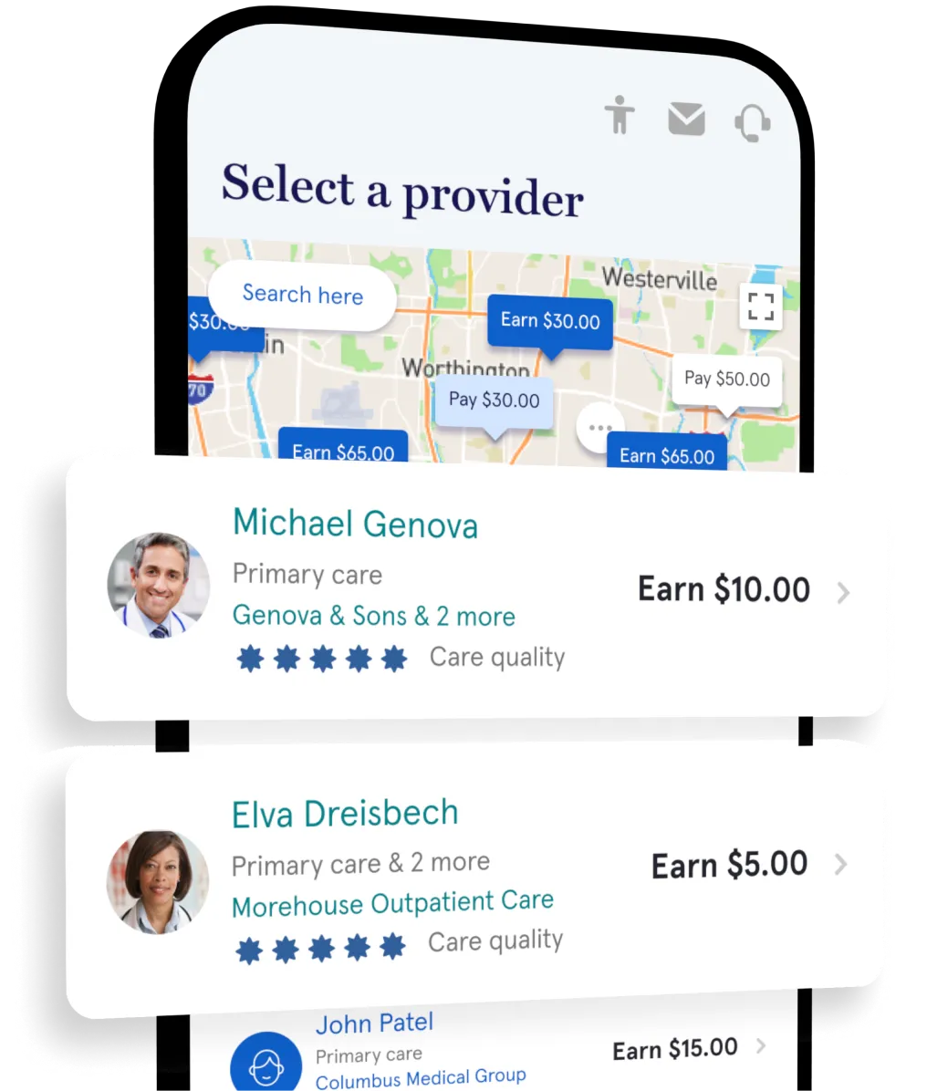 Mobile app screen showing a map titled 'Select a provider' with markers displaying payment options, and a list of healthcare providers with ratings and earnings offers.