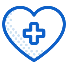 Blue heart icon with a medical cross inside and dotted pattern on the left side of the heart.