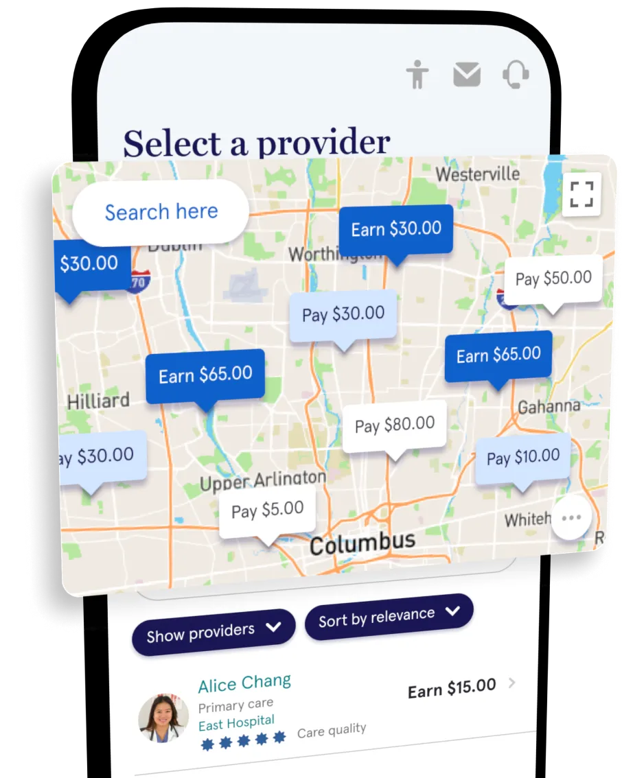 Mobile app interface showing a map of Columbus with blue and white price tags indicating payment or earning offers for providers, and a profile card for Alice Chang, a primary care provider at East Hospital offering to earn $15.
