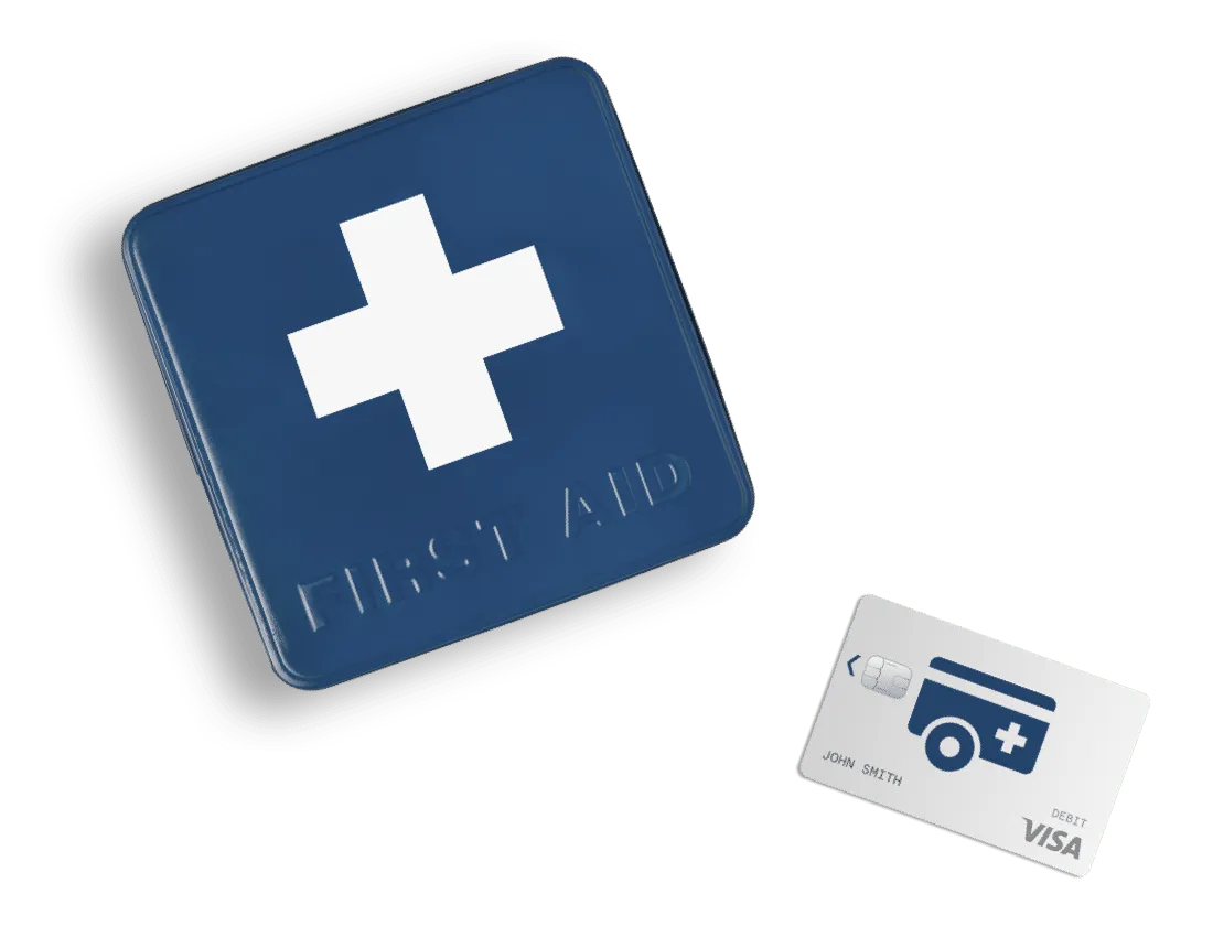 Blue first aid kit with a white cross next to a Visa debit card featuring a medical truck icon and the name John Smith.