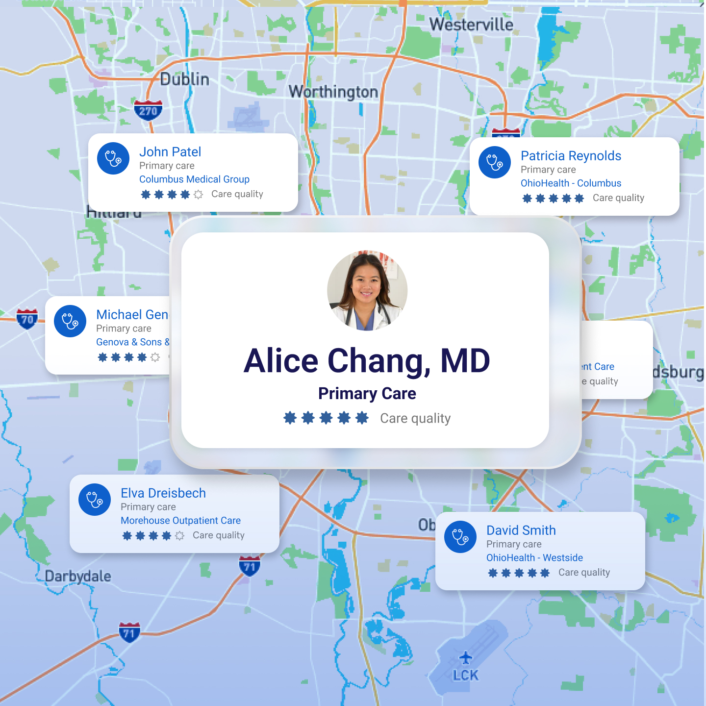 Map showing primary care physicians with cards highlighting Alice Chang, MD and others including John Patel, Patricia Reynolds, Michael G, Elva Dreisbech, and David Smith, with care quality ratings and medical group affiliations.