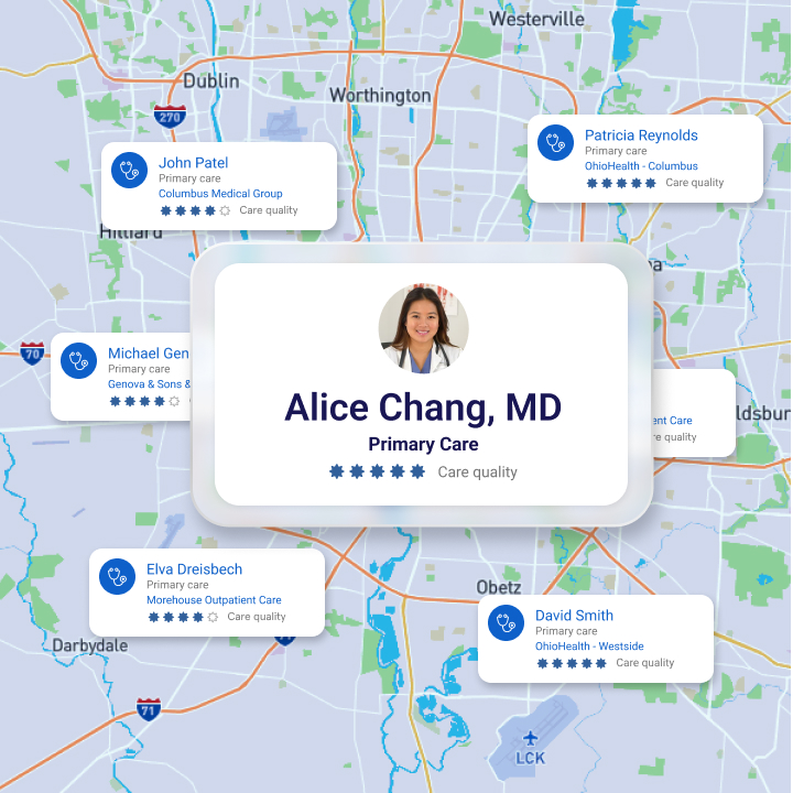 Map showing primary care physicians with cards highlighting Alice Chang, MD and others including John Patel, Patricia Reynolds, Michael G, Elva Dreisbech, and David Smith, with care quality ratings and medical group affiliations.