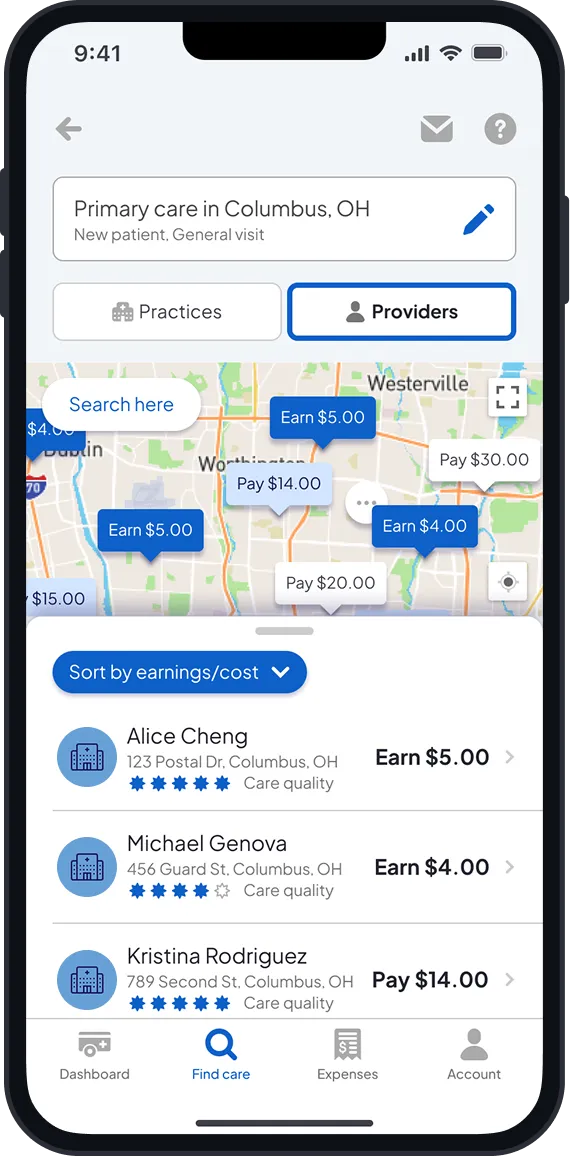 Mobile app screen showing primary care providers in Columbus, OH with ratings, earnings, and payment info.