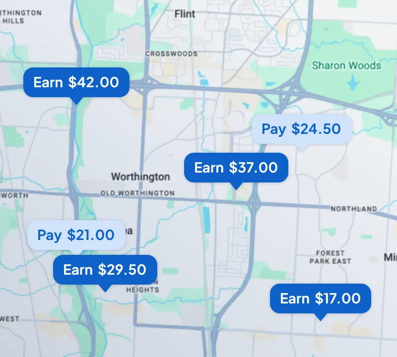 Map showing locations with labels offering to earn $17.00 to $42.00 or pay $21.00 to $24.50 nearby.