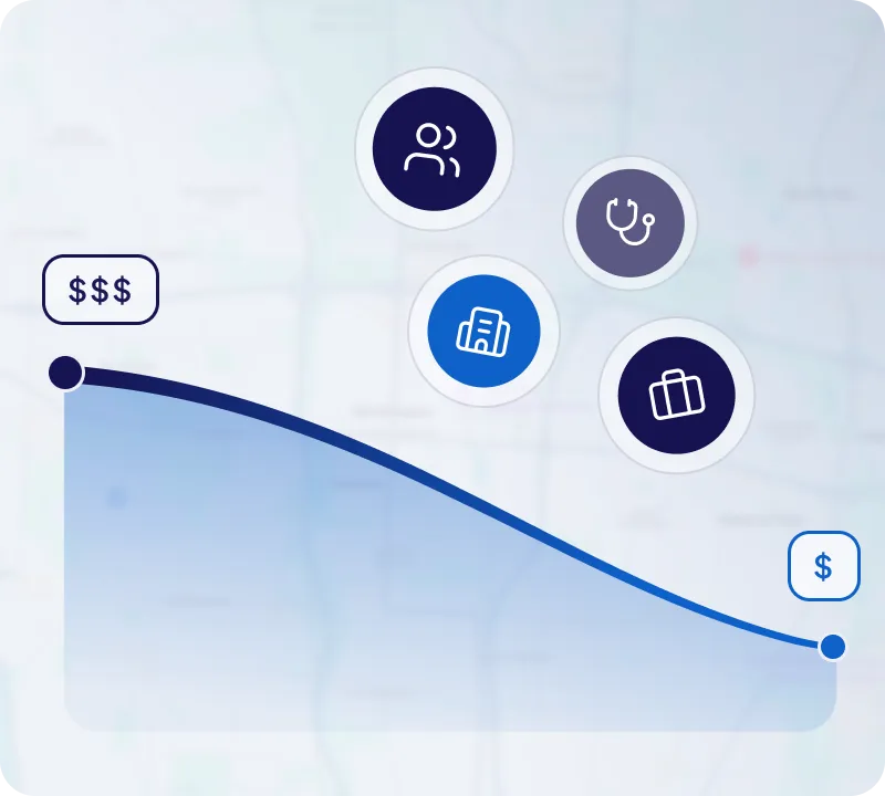 Line graph showing decline from triple dollar signs on left to single dollar sign on right with four circle icons above.