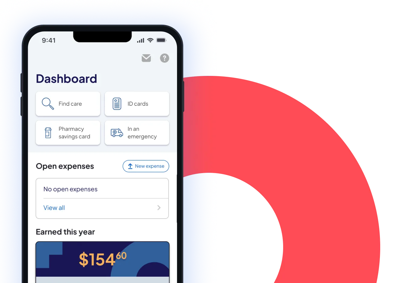 Mobile app dashboard showing options to find care, ID cards, pharmacy savings, emergency, and earnings this year.