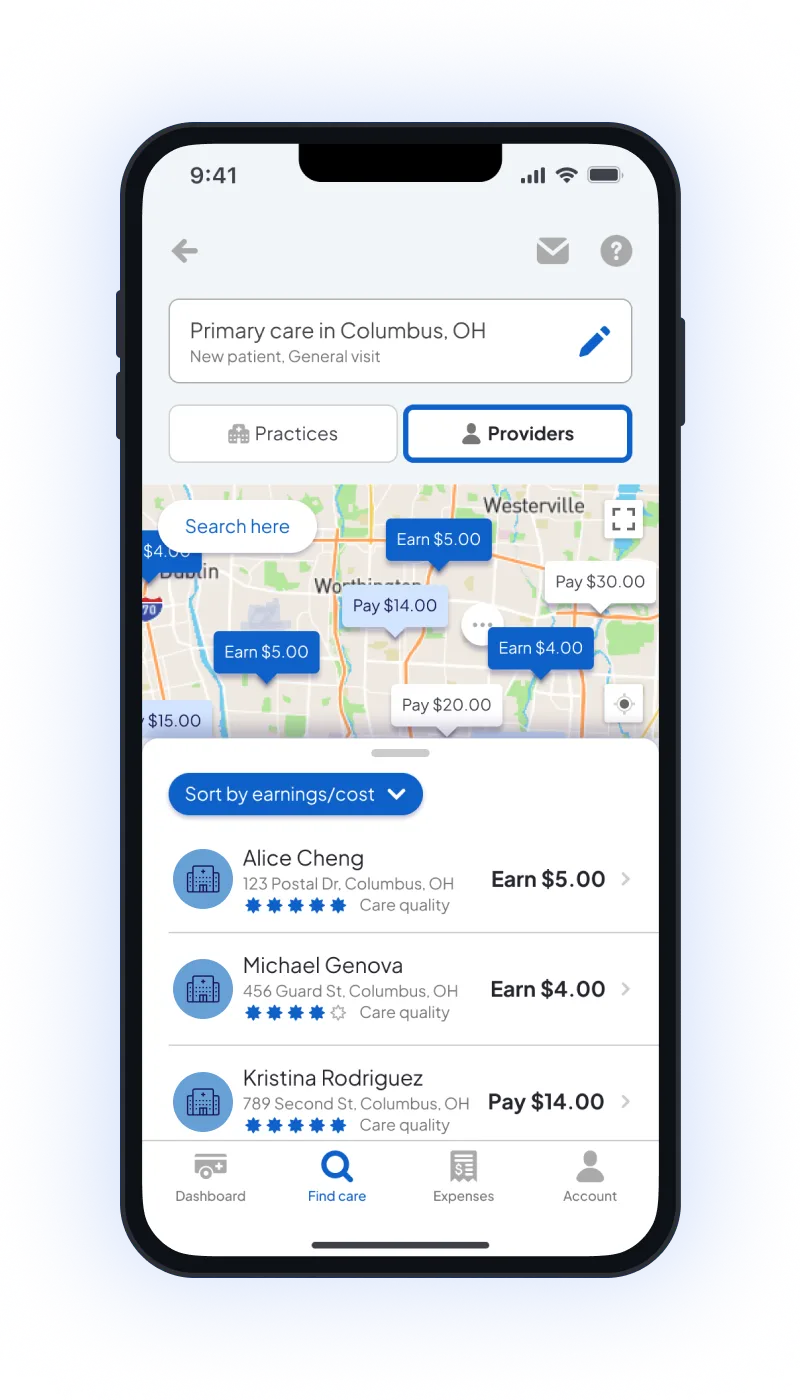 Mobile app screen showing primary care providers in Columbus, OH with ratings, earnings, and payment info.
