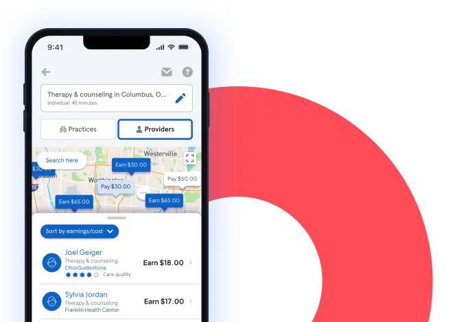 Mobile app dashboard showing options to find care, ID cards, pharmacy savings, emergency, and earnings this year.