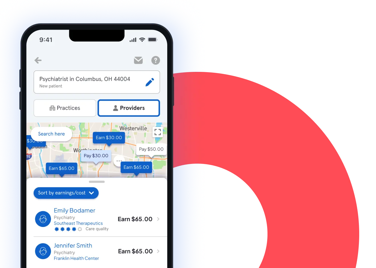 Mobile app dashboard showing options to find care, ID cards, pharmacy savings, emergency, and earnings this year.