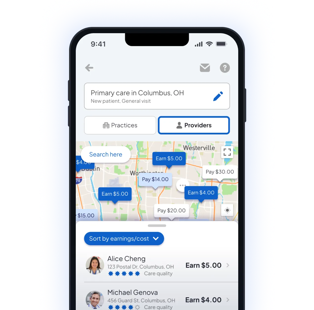 Mobile app screen showing primary care providers in Columbus, OH with ratings, earnings, and payment info.