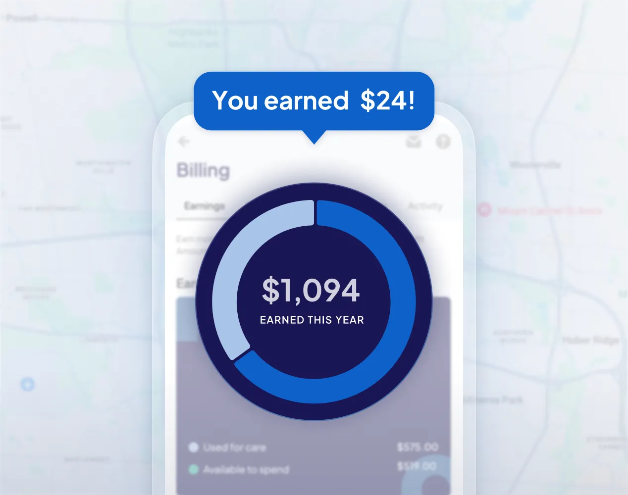 Sidecar Health app billing screen showing $1,094 earned this year, with a message bubble reading You earned $24!