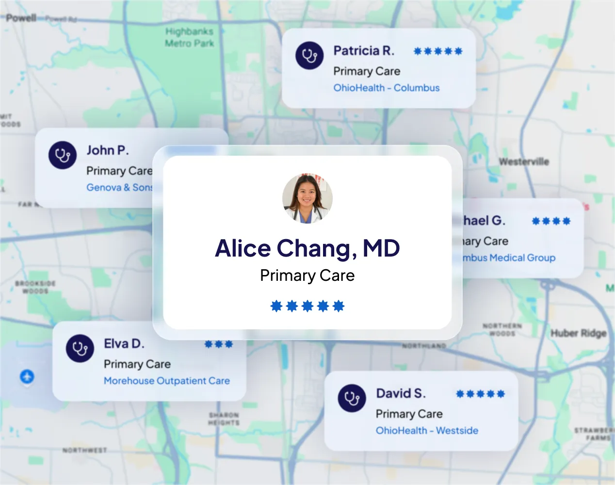 Map with provider cards showing Alice Chang, MD, Primary Care, highlighted among nearby primary care providers.