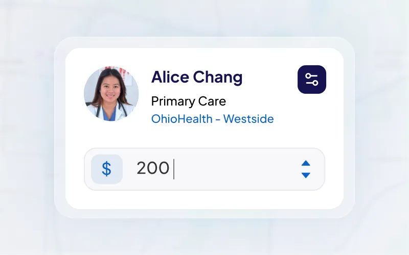 Provider card for Alice Chang, Primary Care, OhioHealth - Westside, with a price field set to $200.