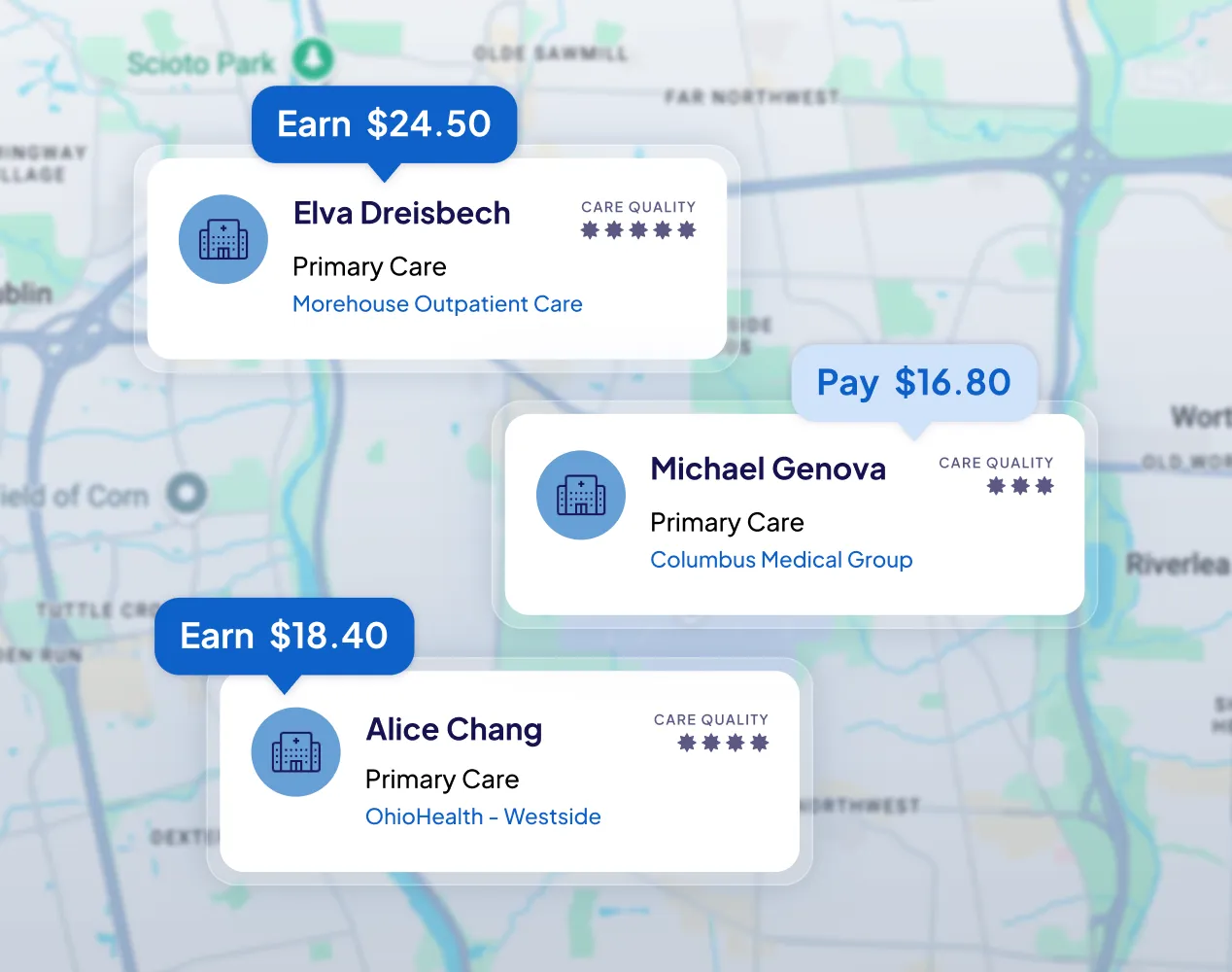 Two profile cards for primary care providers over a blurred map background. The first card shows Michael Genova with a beard and glasses, rated five stars, affiliated with Columbus Medical Group, with a blue button stating Earn $10.00. The second card shows Elva Dreisbech smiling, rated five stars, affiliated with Morehouse Outpatient Care, with a blue button stating Earn $5.00.