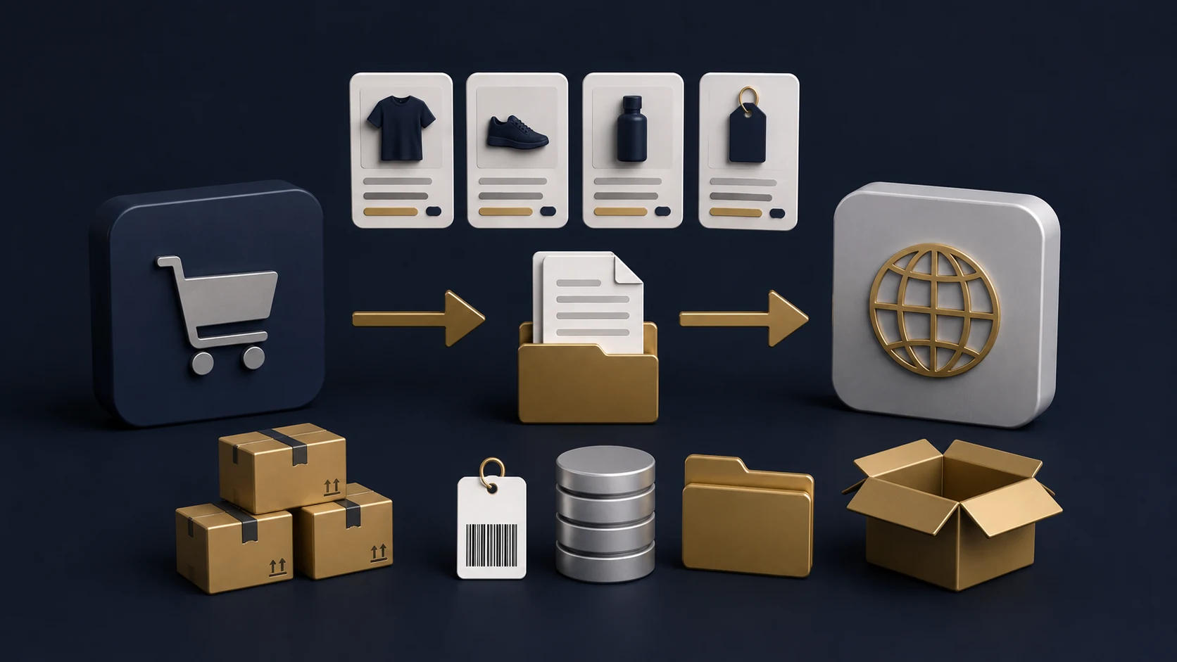 Shopify migration concept with product data cards folders barcode tags and transfer arrows
