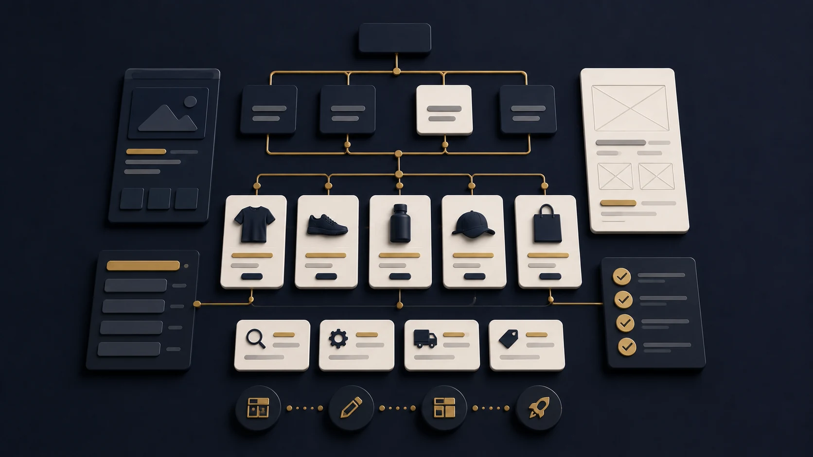 Shopify store build planning concept with wireframe cards sitemap blocks and product category tiles